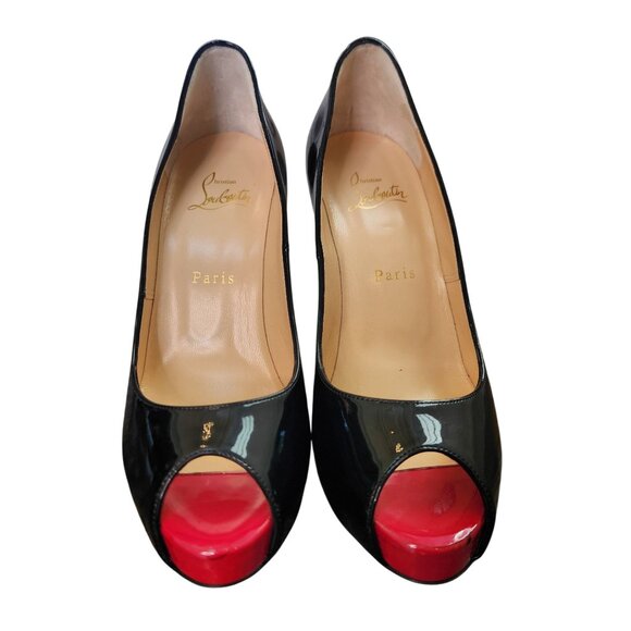 Christian Louboutin Womens 8 EUC 38 Very Privy Black Patent Peep-Toe Heels With - Picture 1 of 8